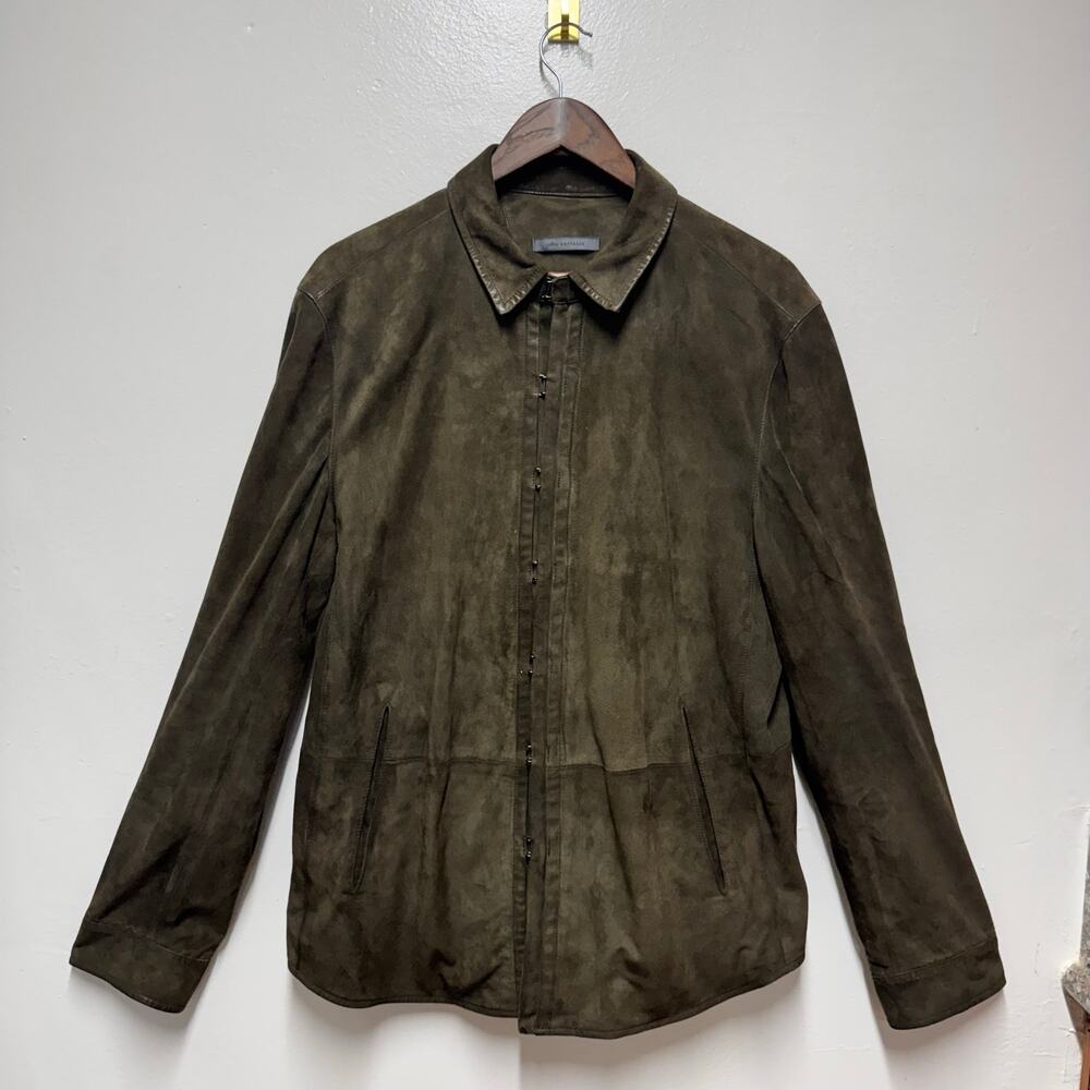 John Varvatos Men’s 52 Goat Suede Leather Hook & Eye Jacket Olive Green Designer